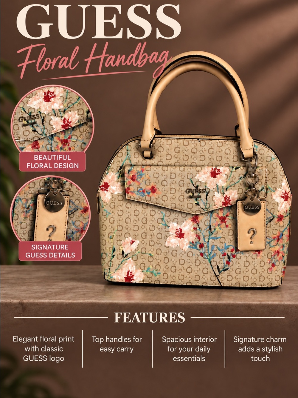 GUESS Beige Floral Satchel with Red and Pink Blooms